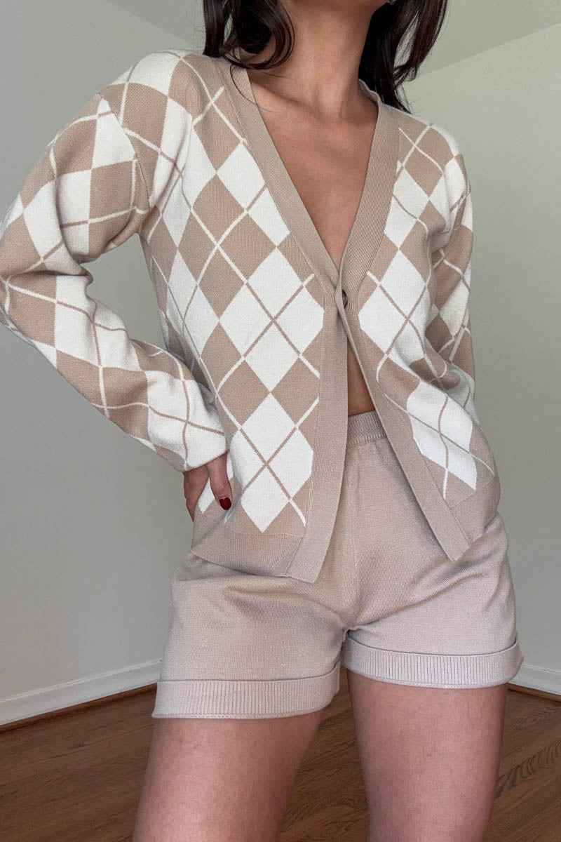 Argyle Cardigan & Knit Shorts Set