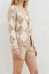 Argyle Cardigan & Knit Shorts Set
