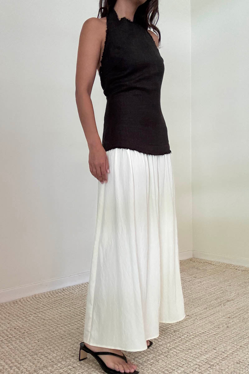 Halter Neck Contrast Gathered Skirt Midi Dress