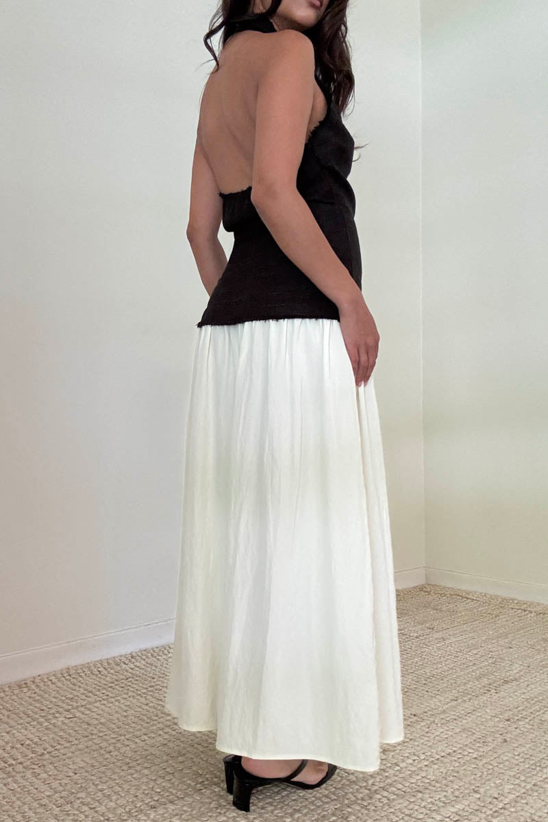 Halter Neck Contrast Gathered Skirt Midi Dress