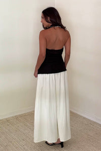 Halter Neck Contrast Gathered Skirt Midi Dress