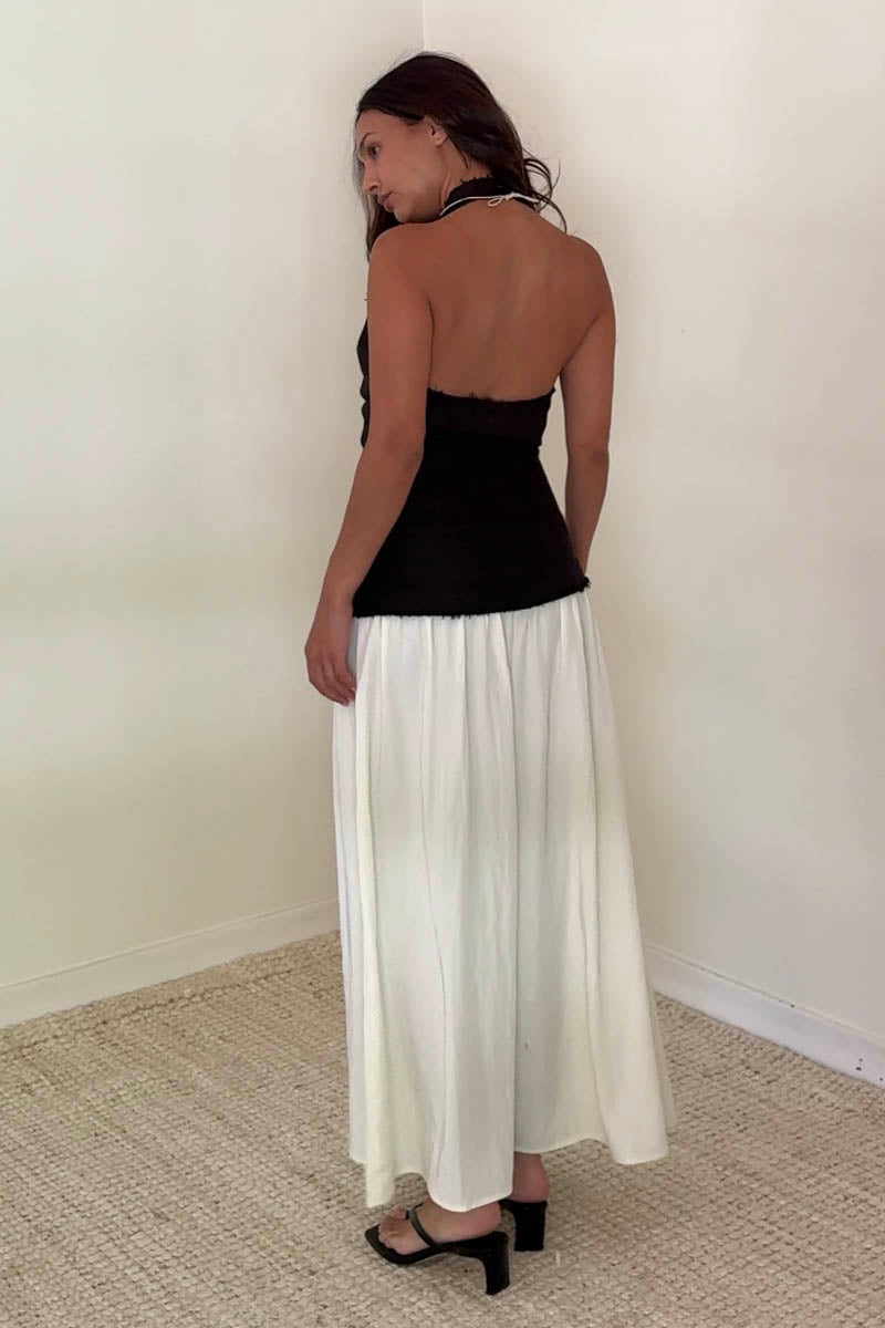 Halter Neck Contrast Gathered Skirt Midi Dress