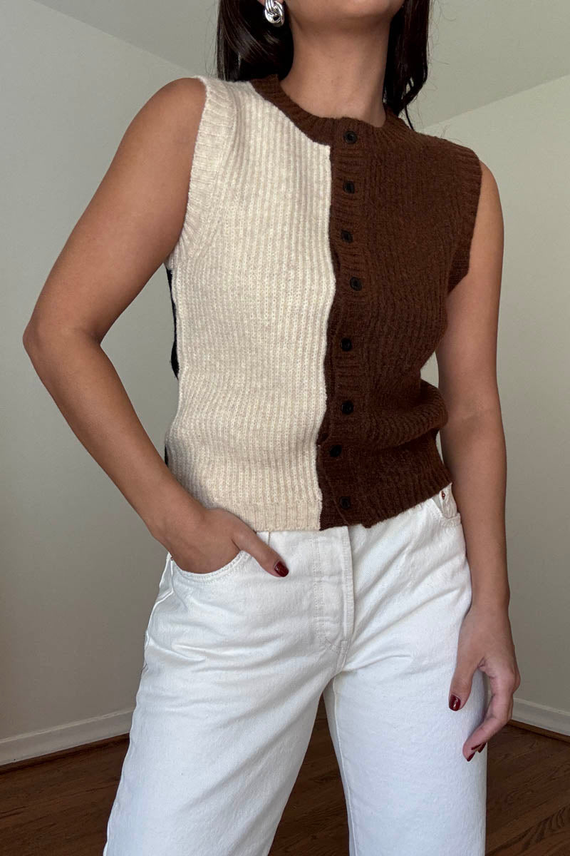 Color Block Ribbed Knit Button Vest