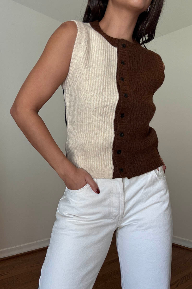 Color Block Ribbed Knit Button Vest