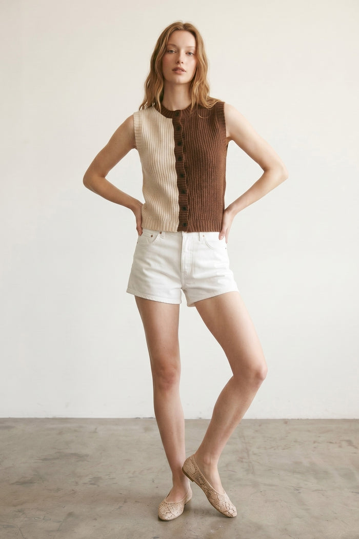 Color Block Ribbed Knit Button Vest