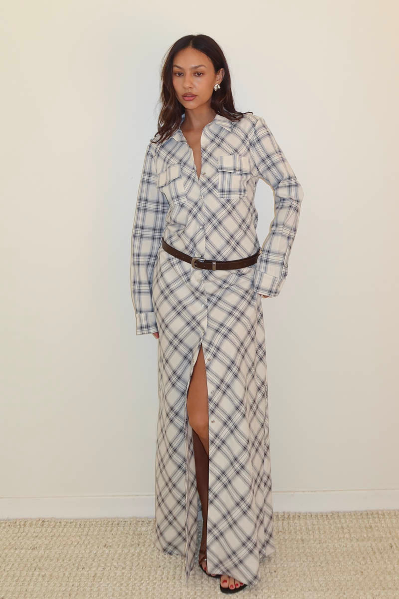 Plaid Print Belted Maxi Shirt Dress