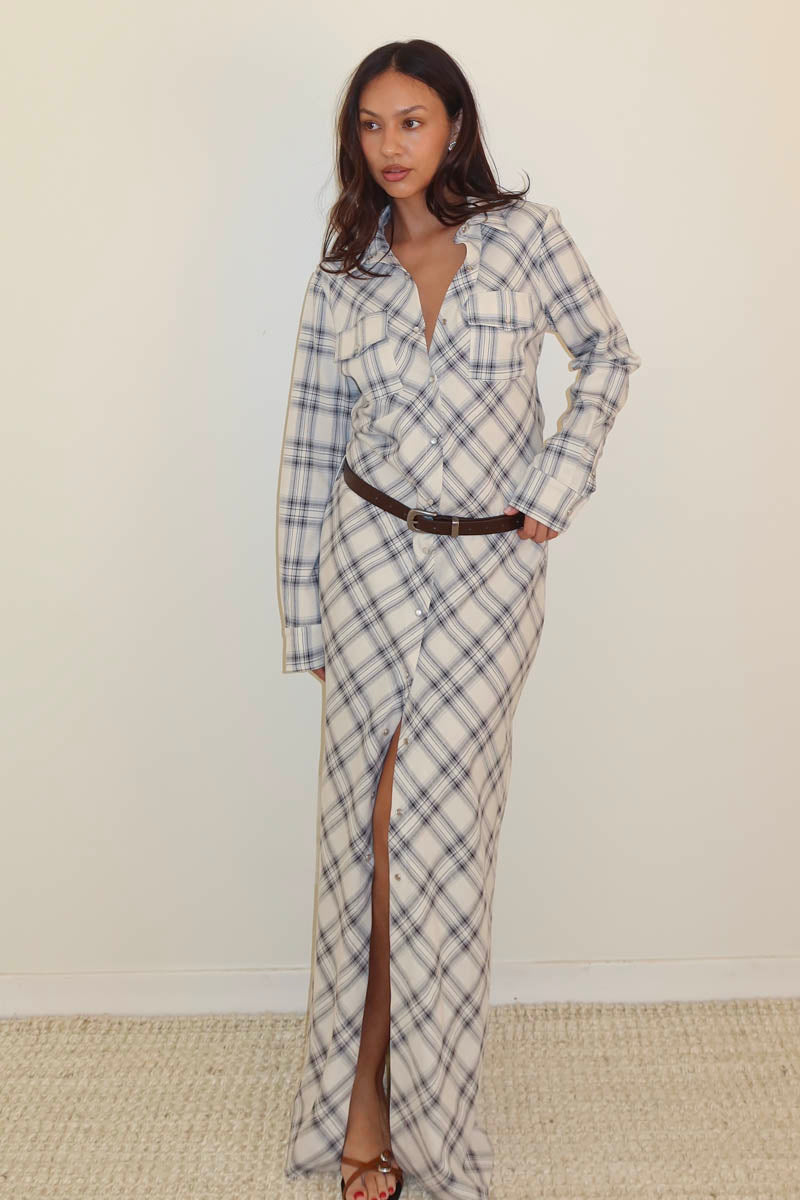 Plaid Print Belted Maxi Shirt Dress