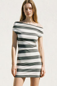 Stripe Cowl Neck Off Shoulder Bodycon Mini Dress