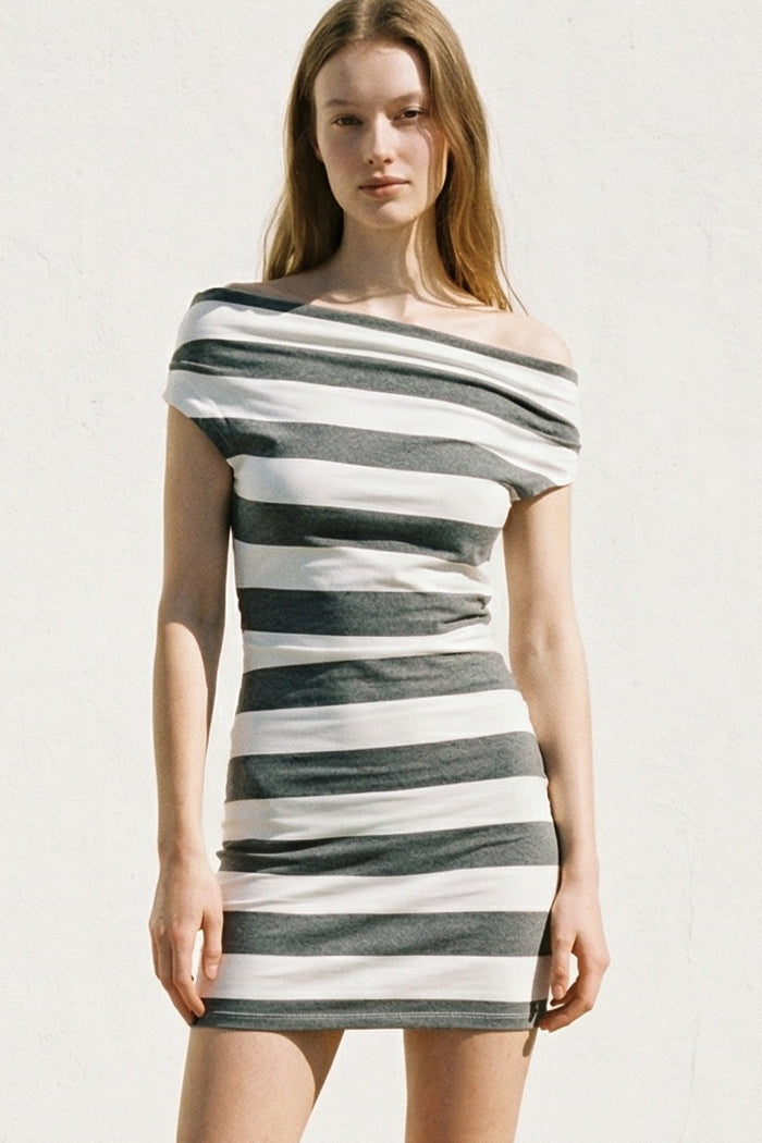 Stripe Cowl Neck Off Shoulder Bodycon Mini Dress