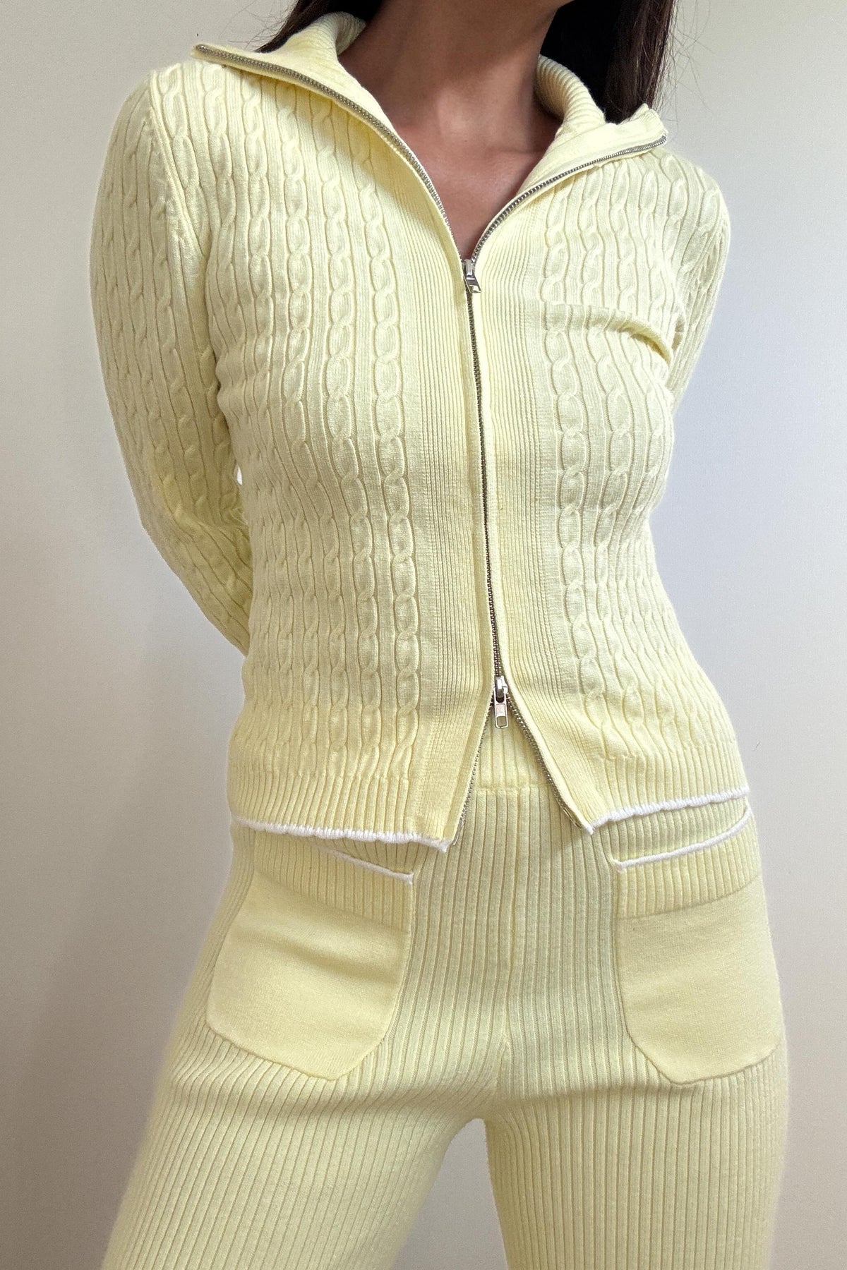 Knit Zip-Up Top Flared Pants Set