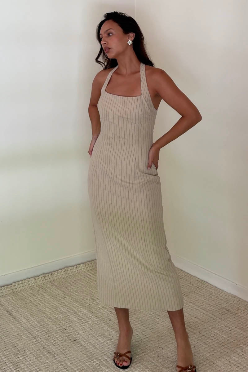 Striped Halter Neck Midi Dress
