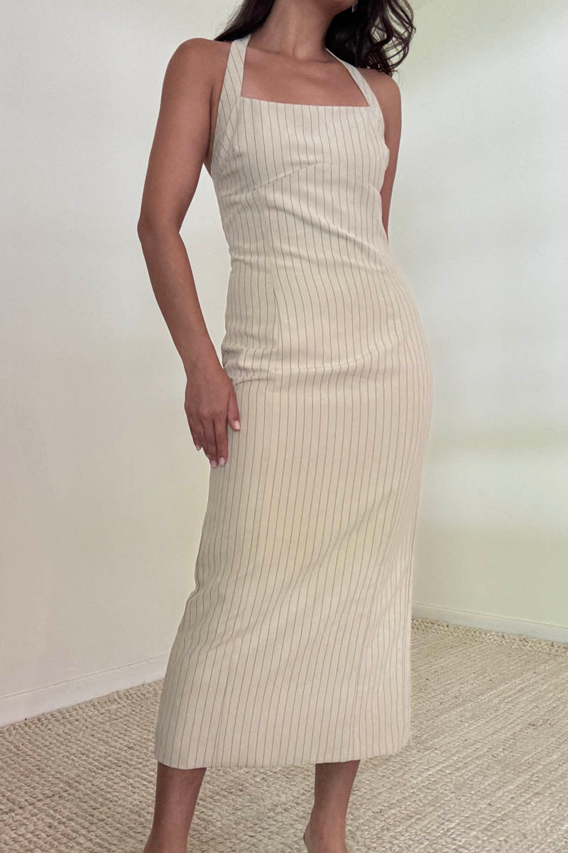 Striped Halter Neck Midi Dress
