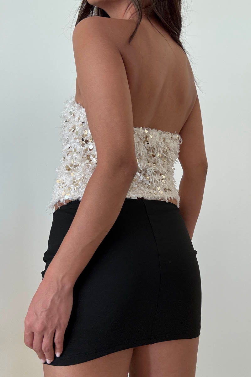 Sequin Frayed Bandeau Tube Top