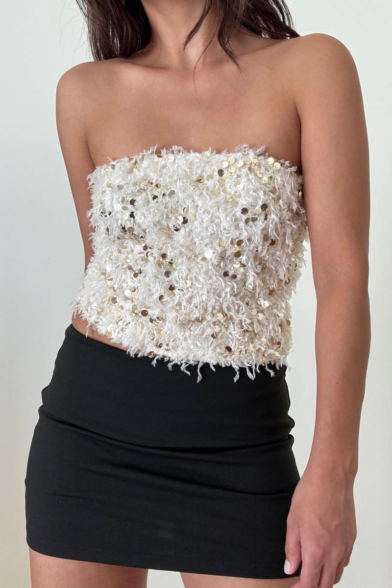 Sequin Frayed Bandeau Tube Top