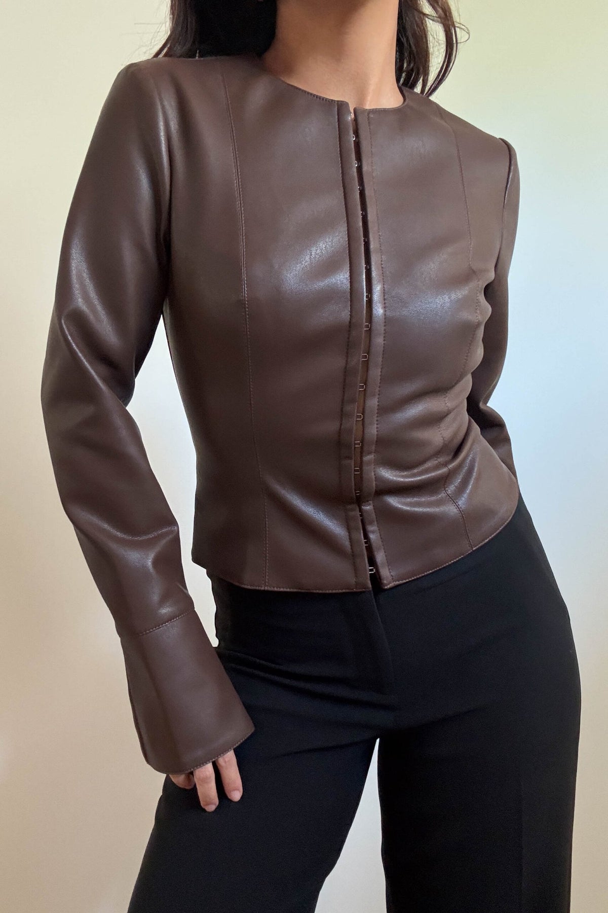 Fitted Faux Leather Long Sleeve Top