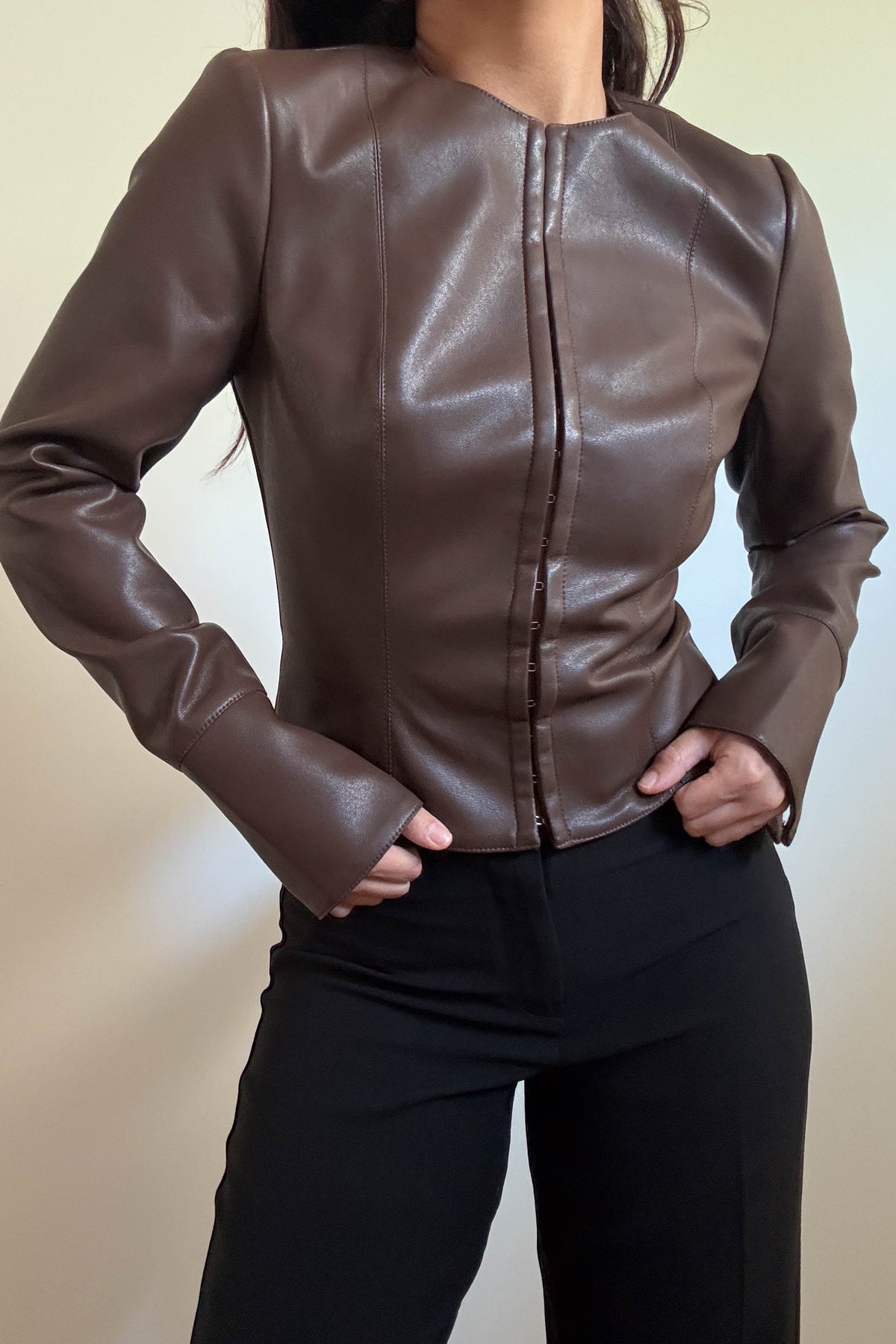 Fitted Faux Leather Long Sleeve Top