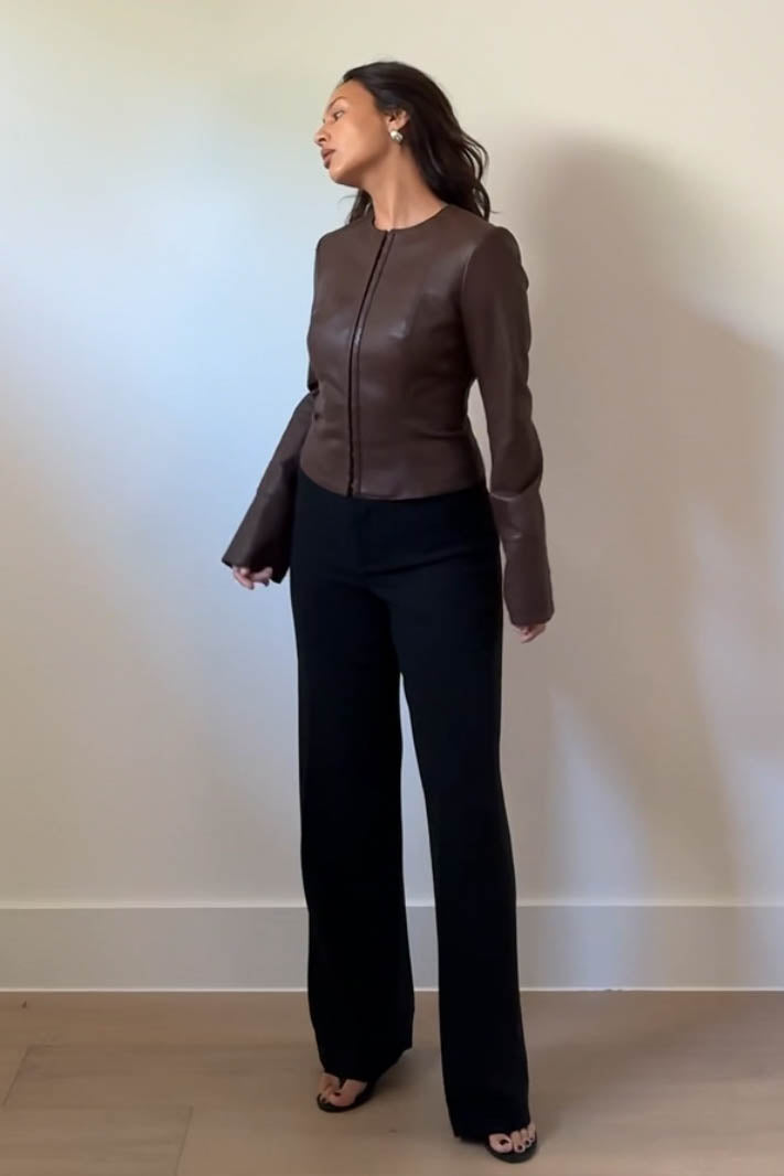 Fitted Faux Leather Long Sleeve Top