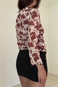 Mesh Cow Print Plunge Button Down Top