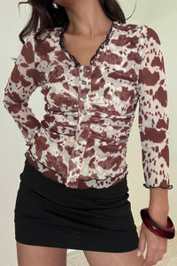 Mesh Cow Print Plunge Button Down Top