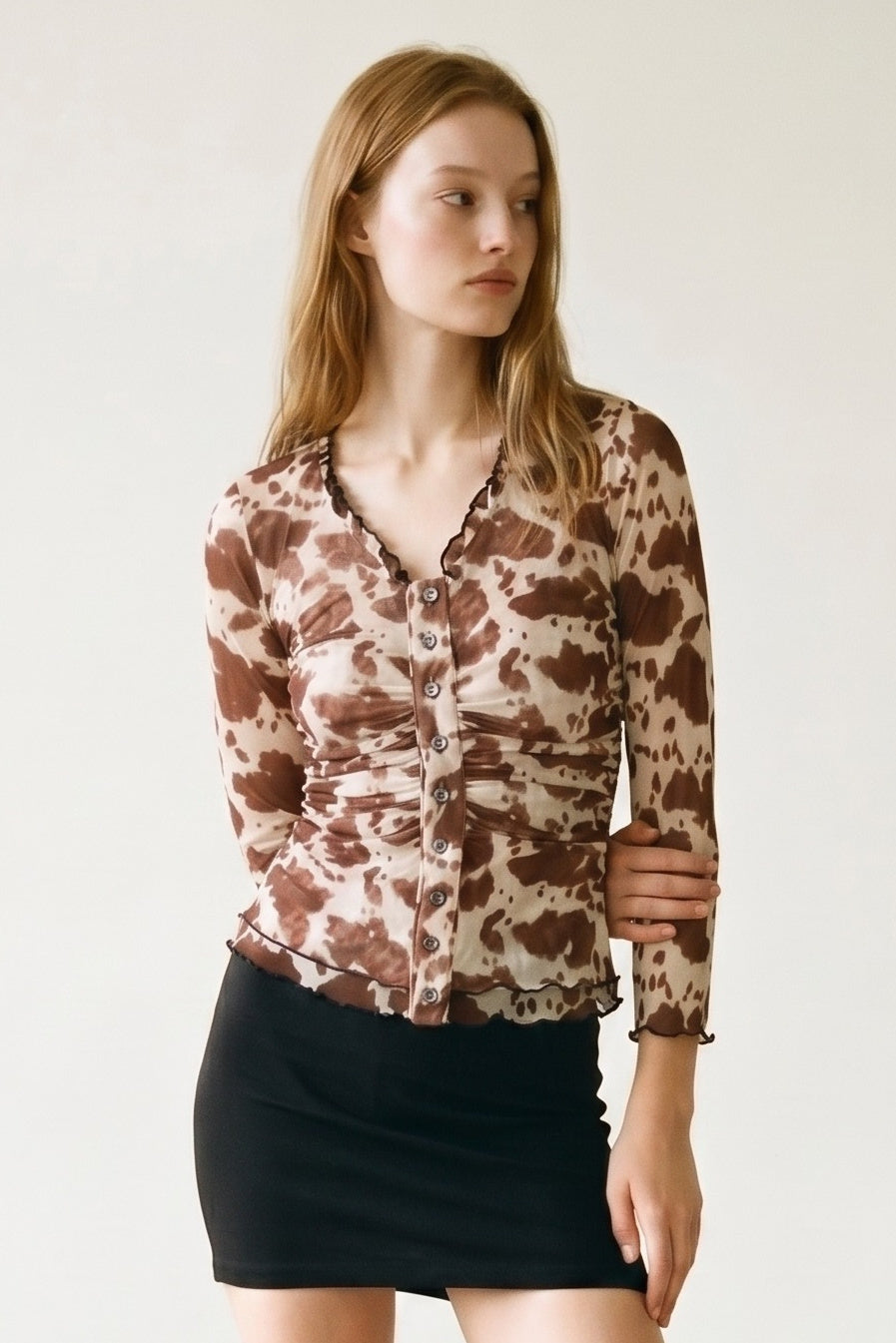 Mesh Cow Print Plunge Button Down Top