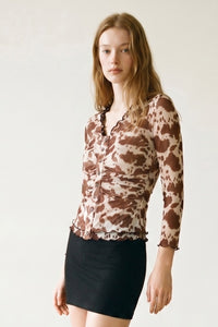 Mesh Cow Print Plunge Button Down Top