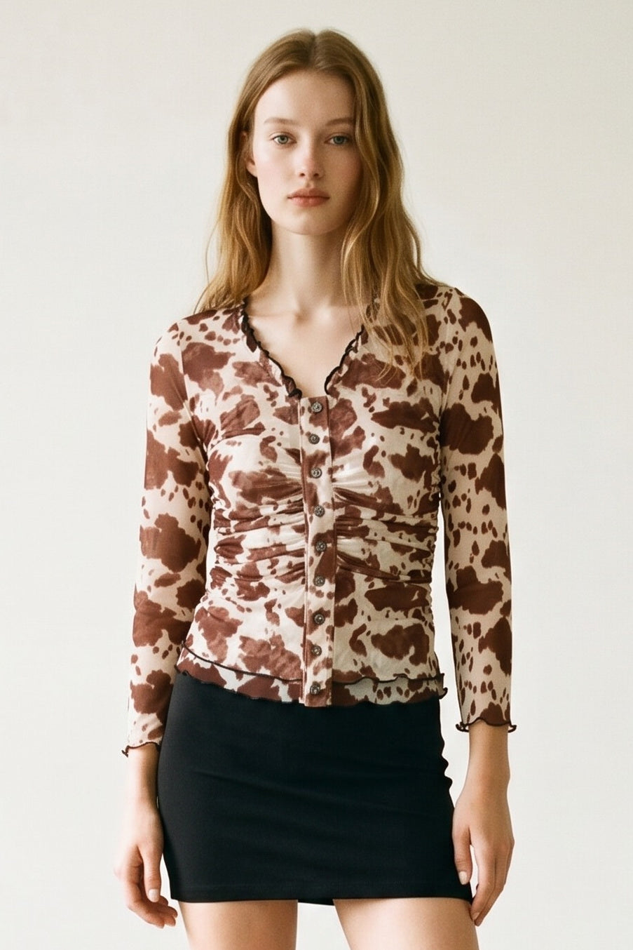 Mesh Cow Print Plunge Button Down Top