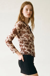 Mesh Cow Print Plunge Button Down Top