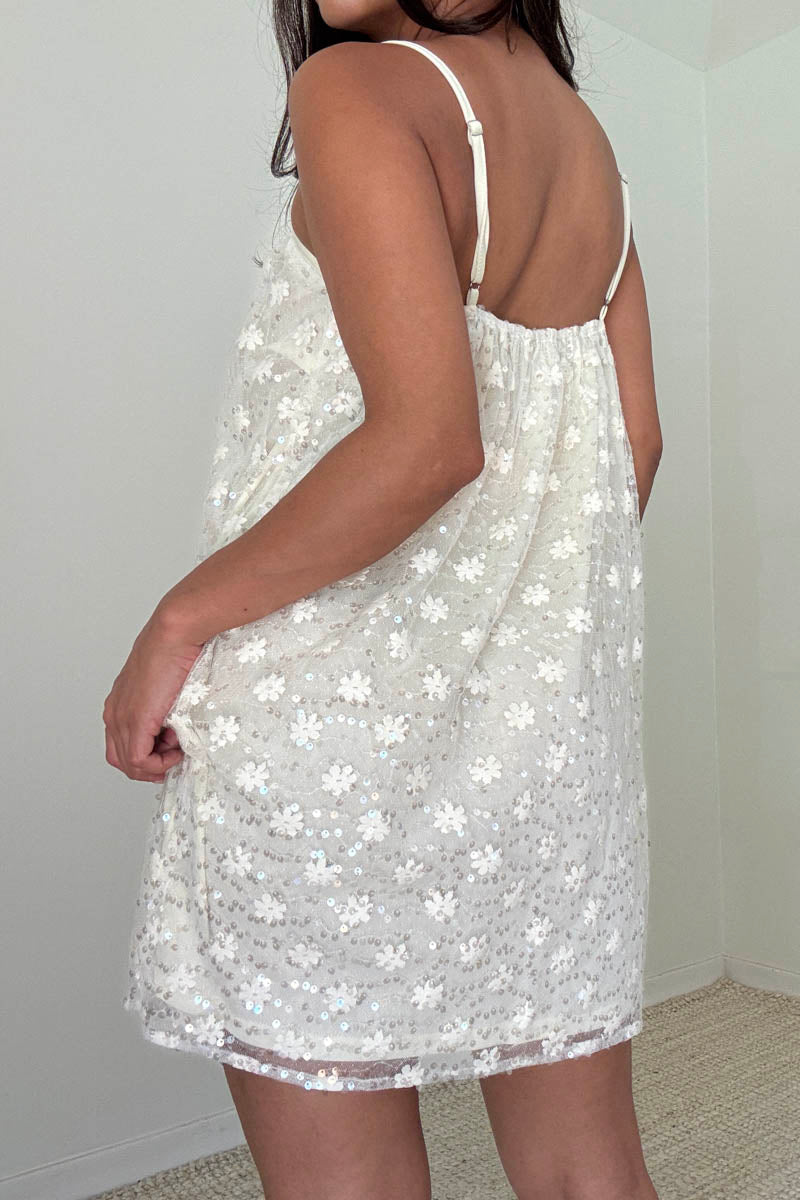 Sequin Floral Lace Spaghetti Strap Mini Dress