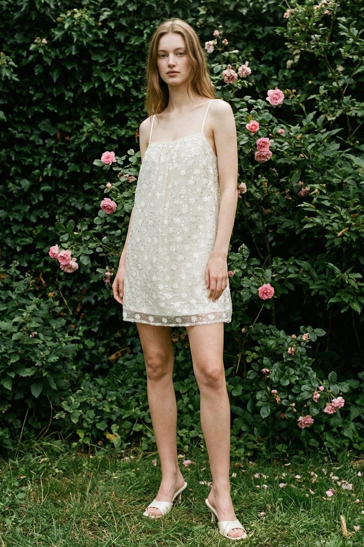 Sequin Floral Lace Spaghetti Strap Mini Dress