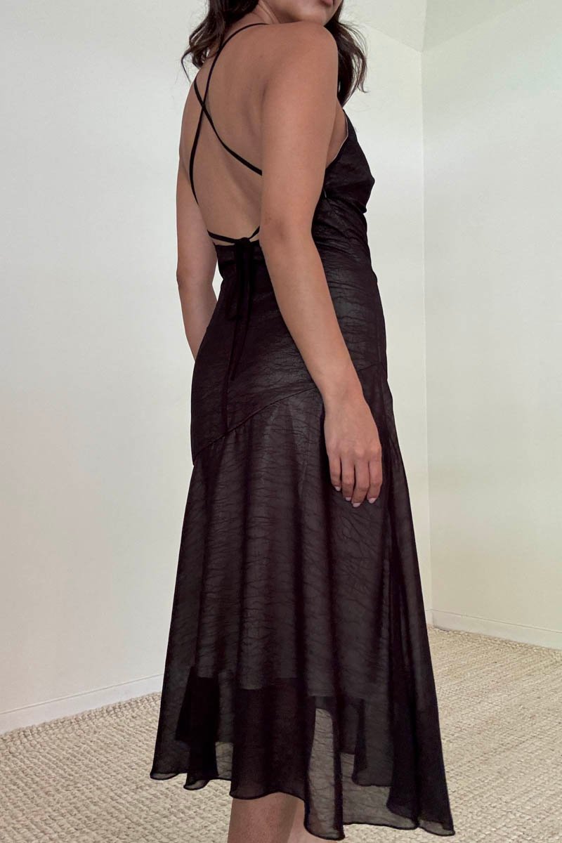 Chiffon Cross Tie Back Asymmetric Midi Dress