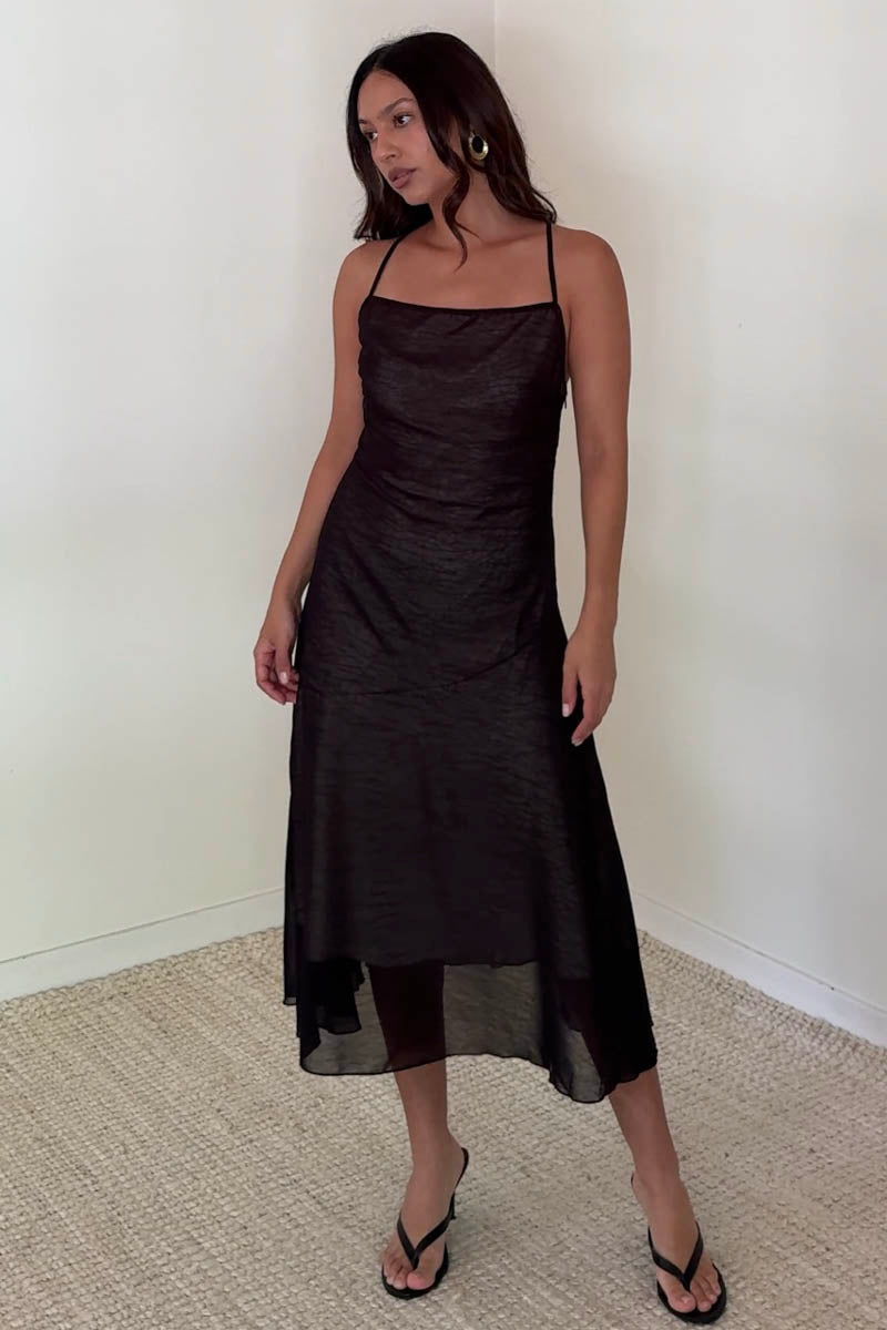 Chiffon Cross Tie Back Asymmetric Midi Dress