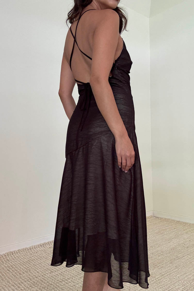 Chiffon Cross Tie Back Asymmetric Midi Dress