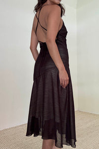 Chiffon Cross Tie Back Asymmetric Midi Dress