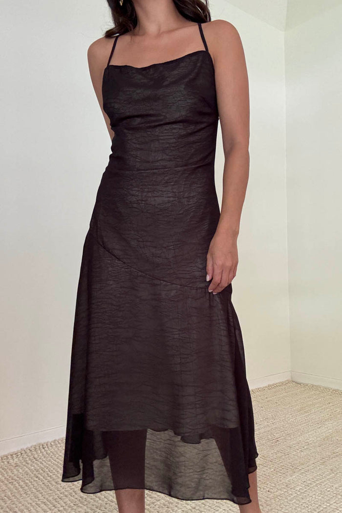 Chiffon Cross Tie Back Asymmetric Midi Dress