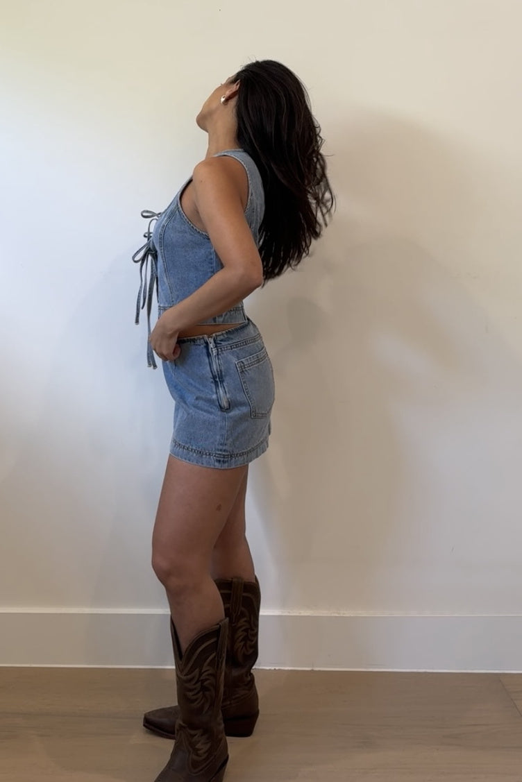 Denim Front Tie Top Skort Set