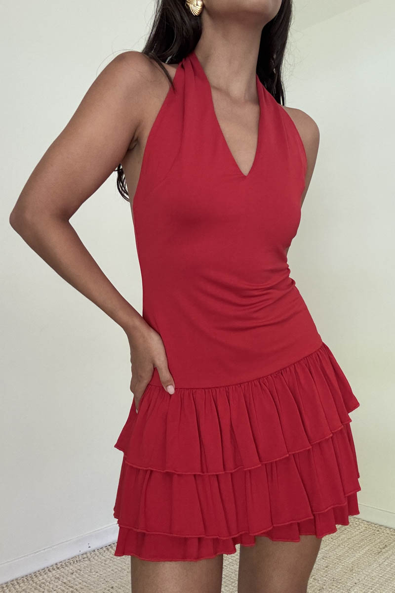Halter Neck Tiered Ruffle Mini Dress