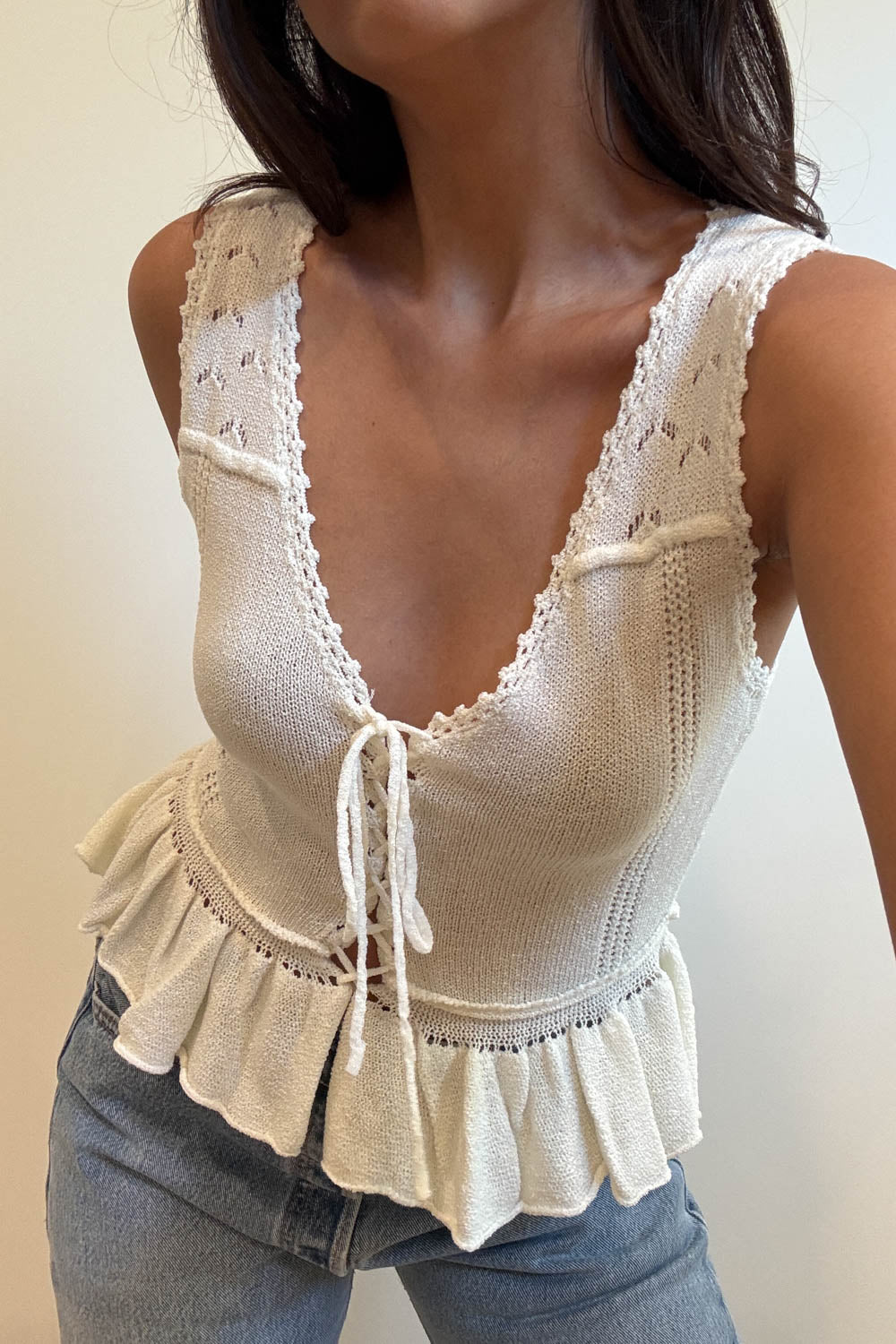 Knit Lace-Up Ruffle Hem Vest