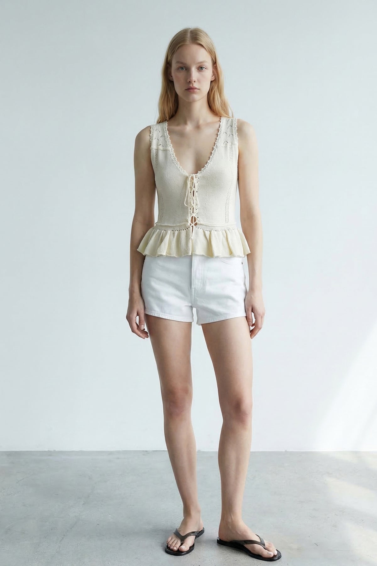 Knit Lace-Up Ruffle Hem Vest
