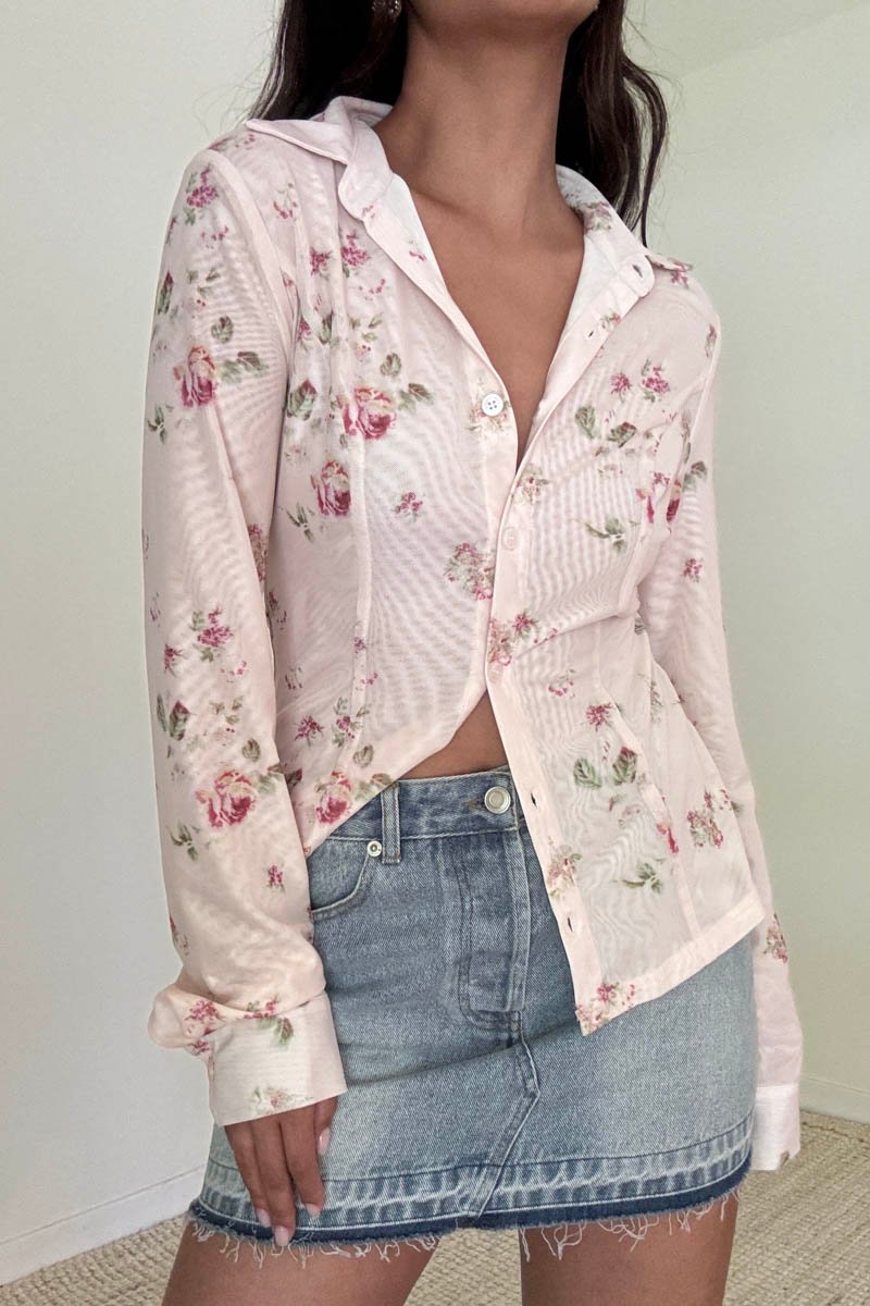 Floral Print Mesh Shirt Top