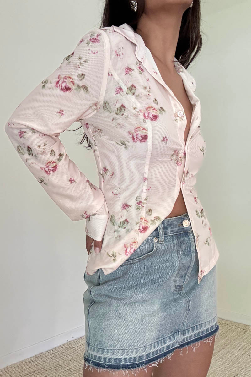 Floral Print Mesh Shirt Top