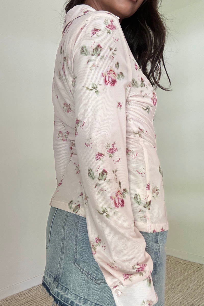 Floral Print Mesh Shirt Top