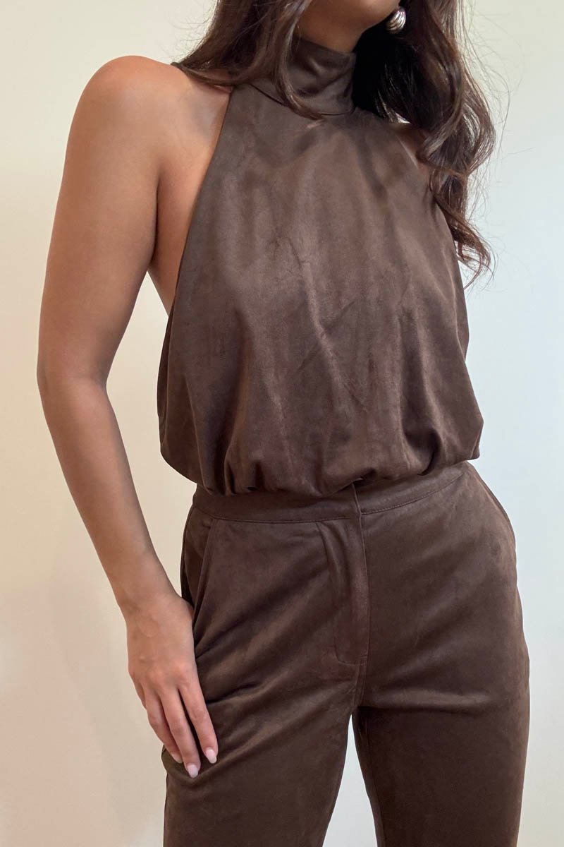 Faux Suede High Neck Halter Top