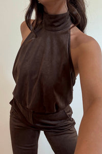 Faux Suede High Neck Halter Top