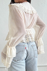 V Neck Lace Trim Ruffle Hem Blouse