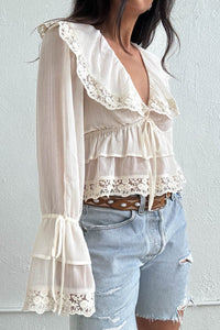 V Neck Lace Trim Ruffle Hem Blouse