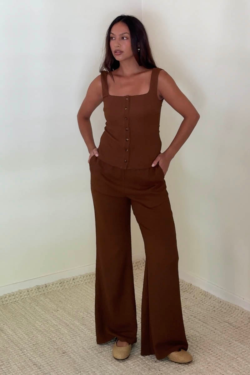 Button Down Top Flare Leg Pants Set