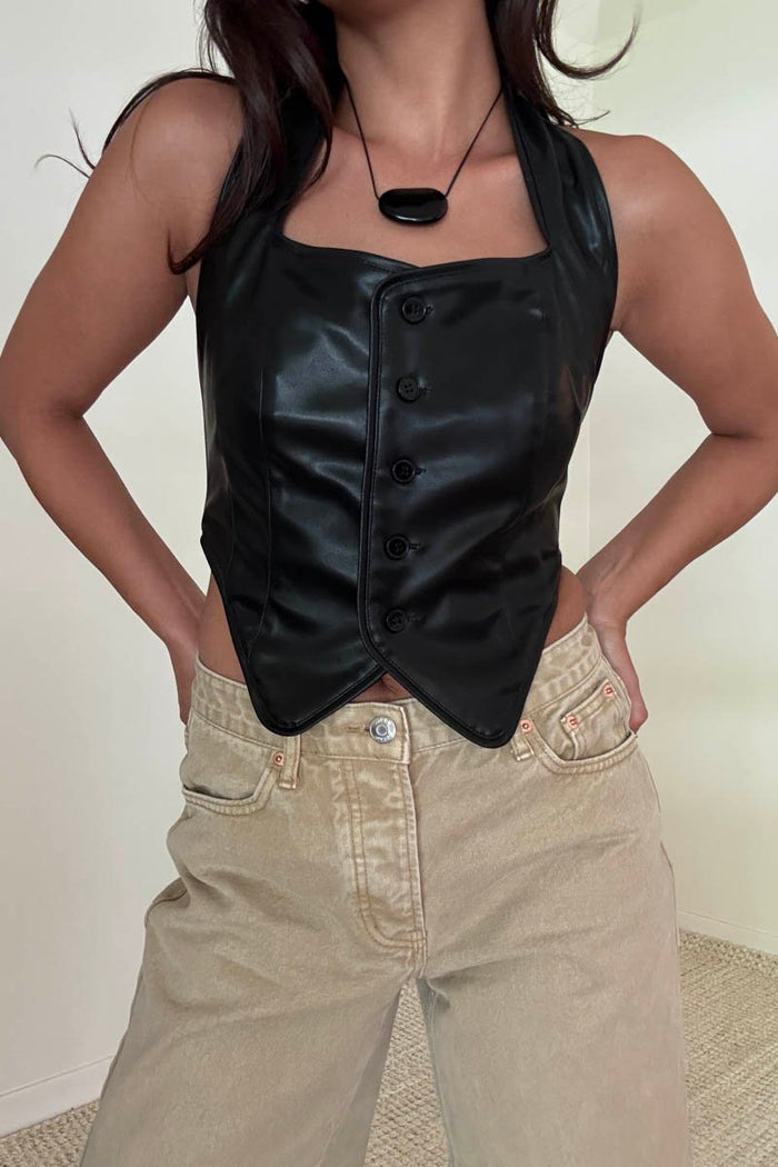 Black Faux Leather Halter Vest Top | Button Front Corset Vest Women