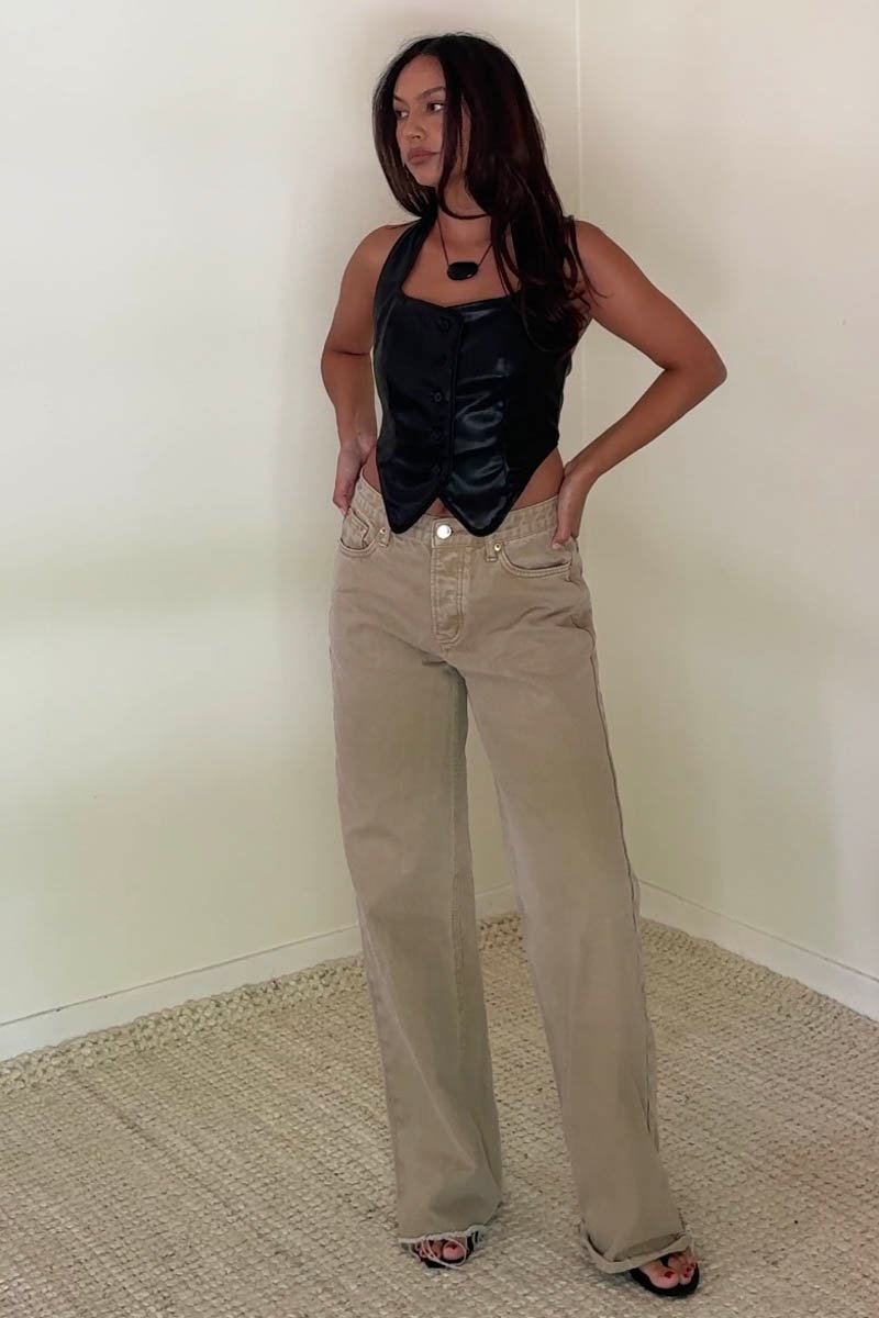 Black Faux Leather Halter Vest Top | Button Front Corset Vest Women