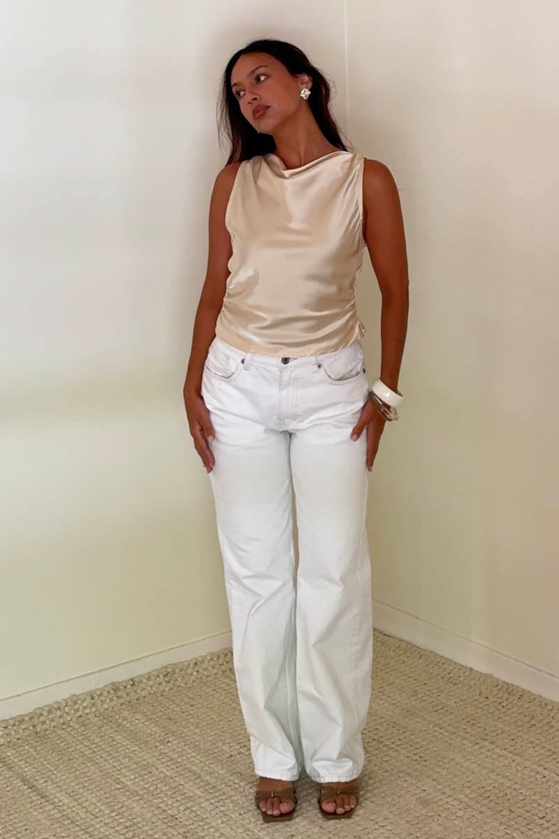 Satin High Cowl Neck Tie Back Top