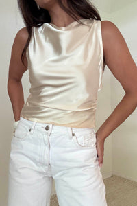 Satin High Cowl Neck Tie Back Top